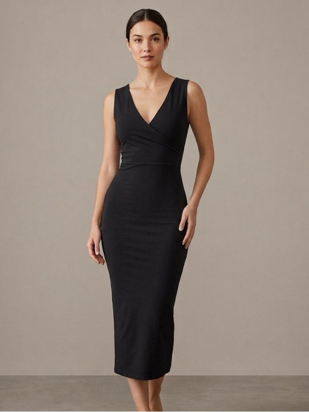 Eileen Fisher Sleeveless Crossover Stretchy Midi Length Black Shift Dress, XSβ